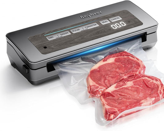Anybear Vacuum Sealer Machine, 90kPa 120W Wide Seal All-IN-1 Powerful Food Storage, Build-in Cutter | Bags Storage | Digital Countdown Display | 2 Bag Rolls and 5pcs Pre-cut Bags (Gray) - PuriLite