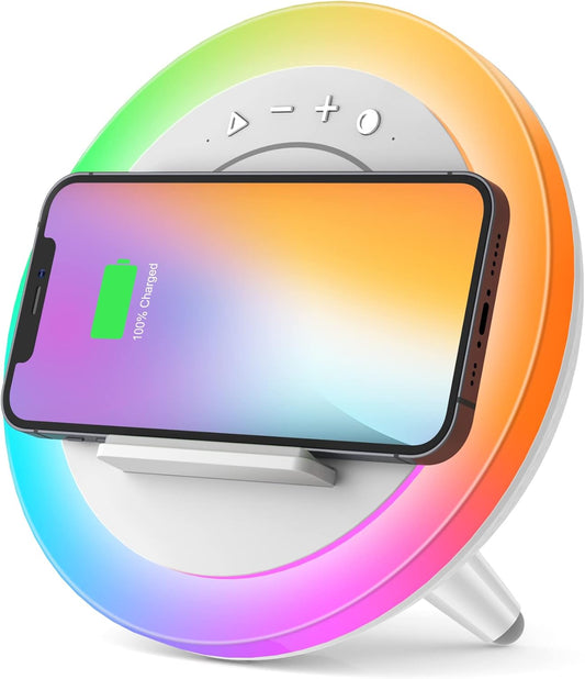 Bluetooth Speaker with Color Changing Lights and Wireless Charging Modern Night Lamp with Phone Holder for Bedroom Desk and Gifts - PuriLite
