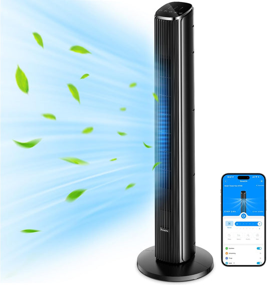 GoveeLife 36'' Smart Tower Fan for Bedroom, 75° Oscillating Floor Fans with Voice Remote, Temperature Auto 5 Modes 8 Speeds up to 25ft/s, 24H Timer, 29dB Quiet Cooling Standing Fan for Home Office - PuriLite
