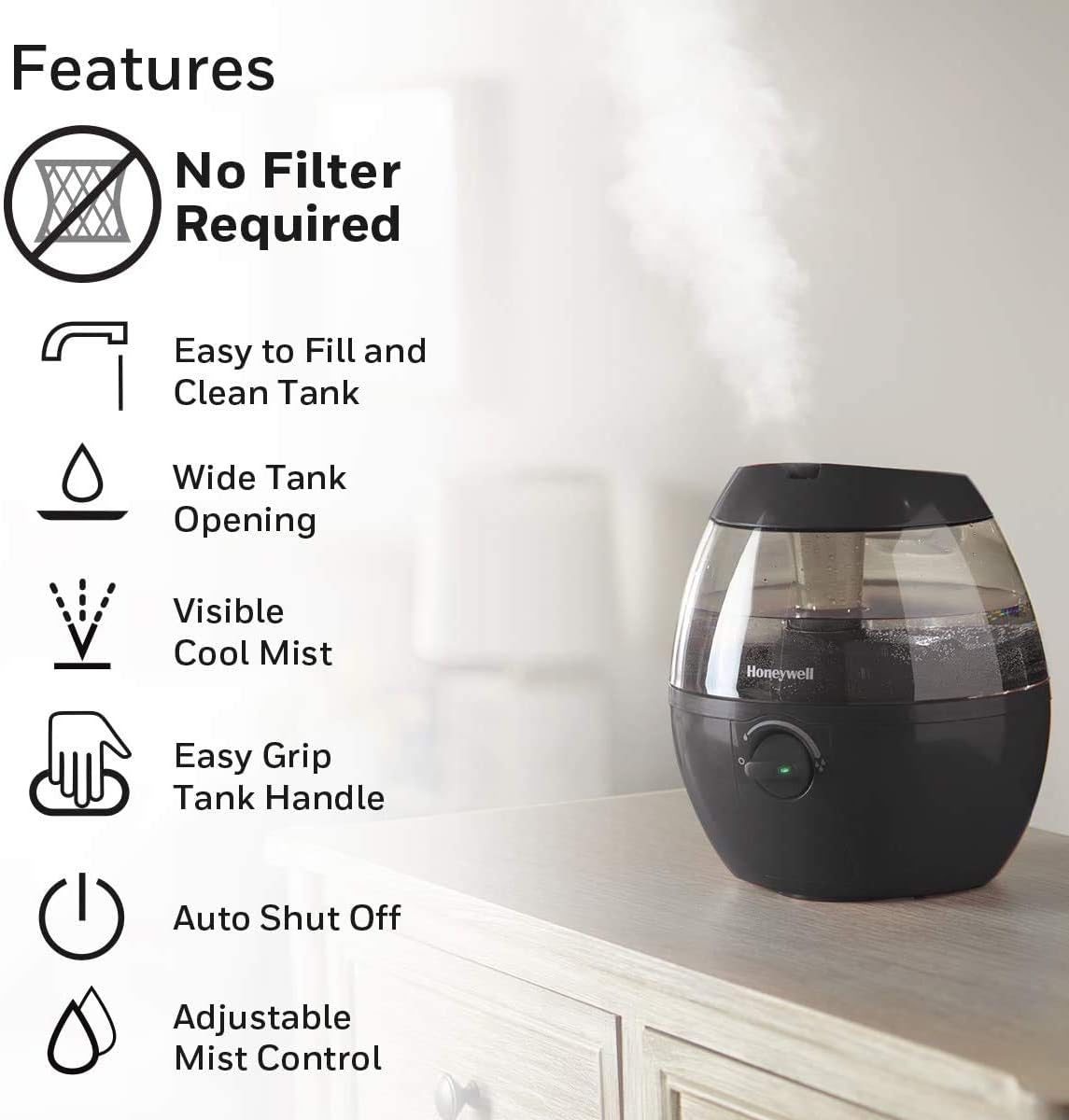 Honeywell HUL520BC MistMate Ultrasonic Cool Mist Humidifier, Black, with Adjustable Mist Control, Auto Shut-off, Ultra Quiet Operation, Visible Cool Mist, 0.5-Gallon - PuriLite