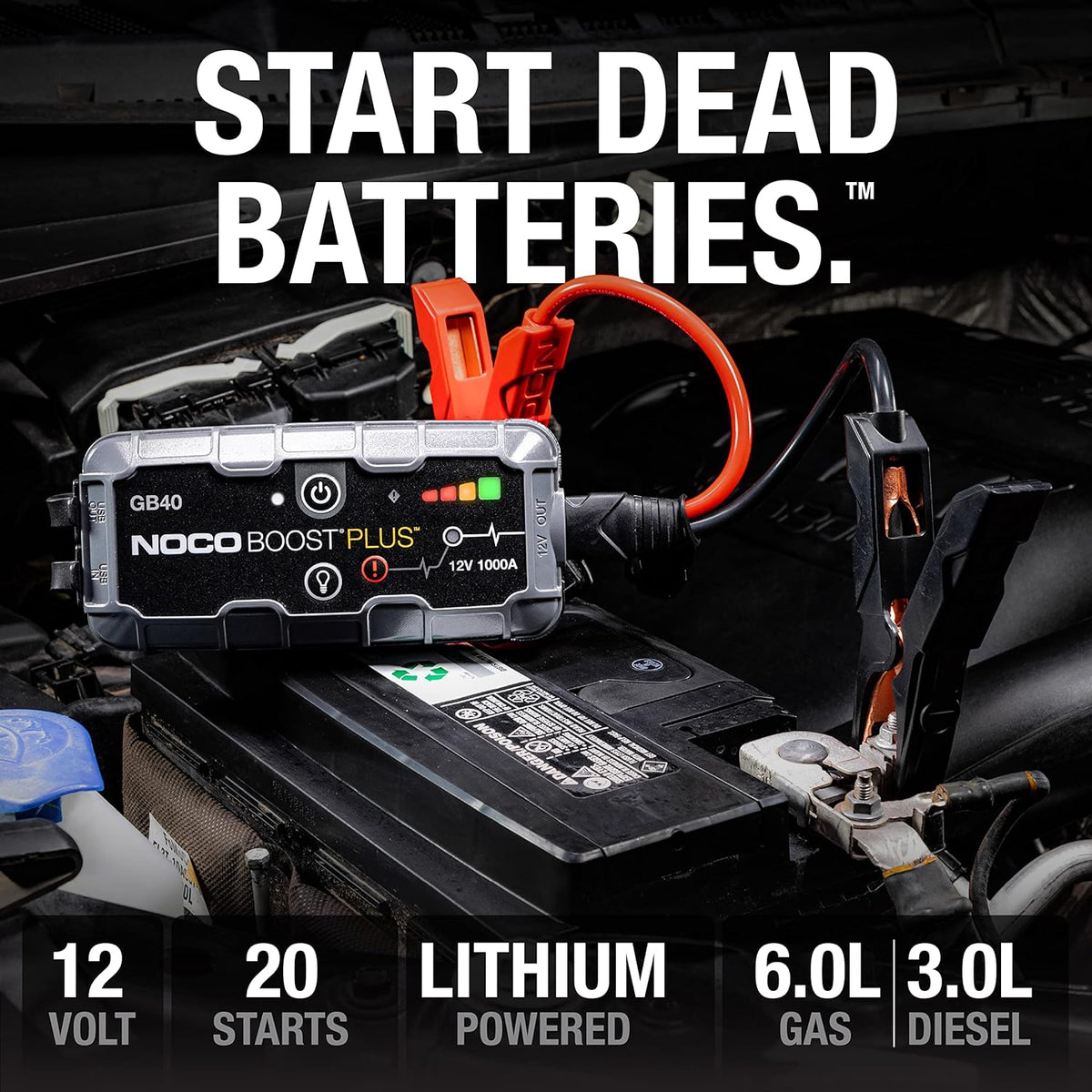 NOCO Boost Plus GB40 1000 Amp 12-Volt UltraSafe Lithium Jump Starter Box, Car Battery Booster Pack, Portable Power Bank Charger, and Jumper Cables for up to 6-Liter Gasoline and 3-Liter Diesel Engines - PuriLite