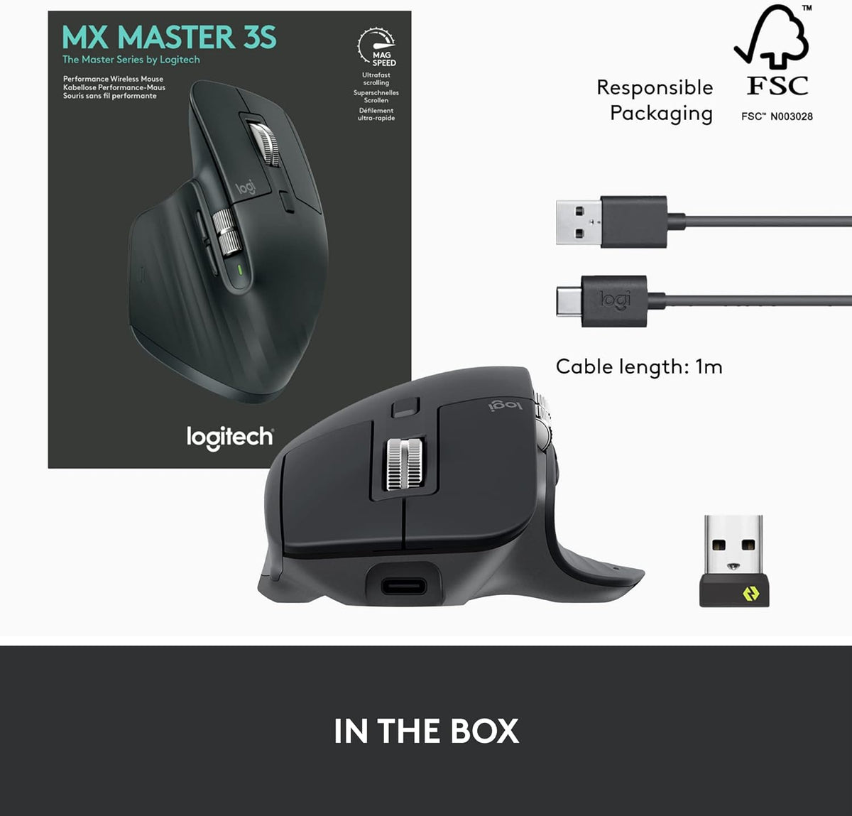 Logitech MX Master 3S - Wireless Performance Mouse with Ultra-fast Scrolling, Ergo, 8K DPI, Track on Glass, Quiet Clicks, USB-C, Bluetooth, Windows, Linux, Chrome - Graphite - PuriLite