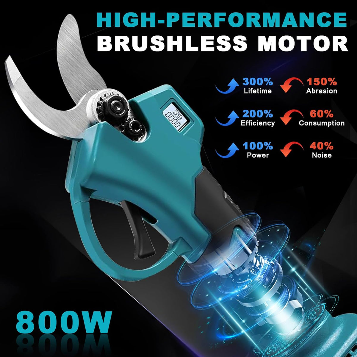 Electric Pruning Shears, Cordless Garden Shears, Branch Pruners with LCD Display, Cutting Diameter 1.2 Inch, Comes with 2 2.0Ah Batteries, Charger and Replacement Blade Set for Gardening Tree Pruning - PuriLite