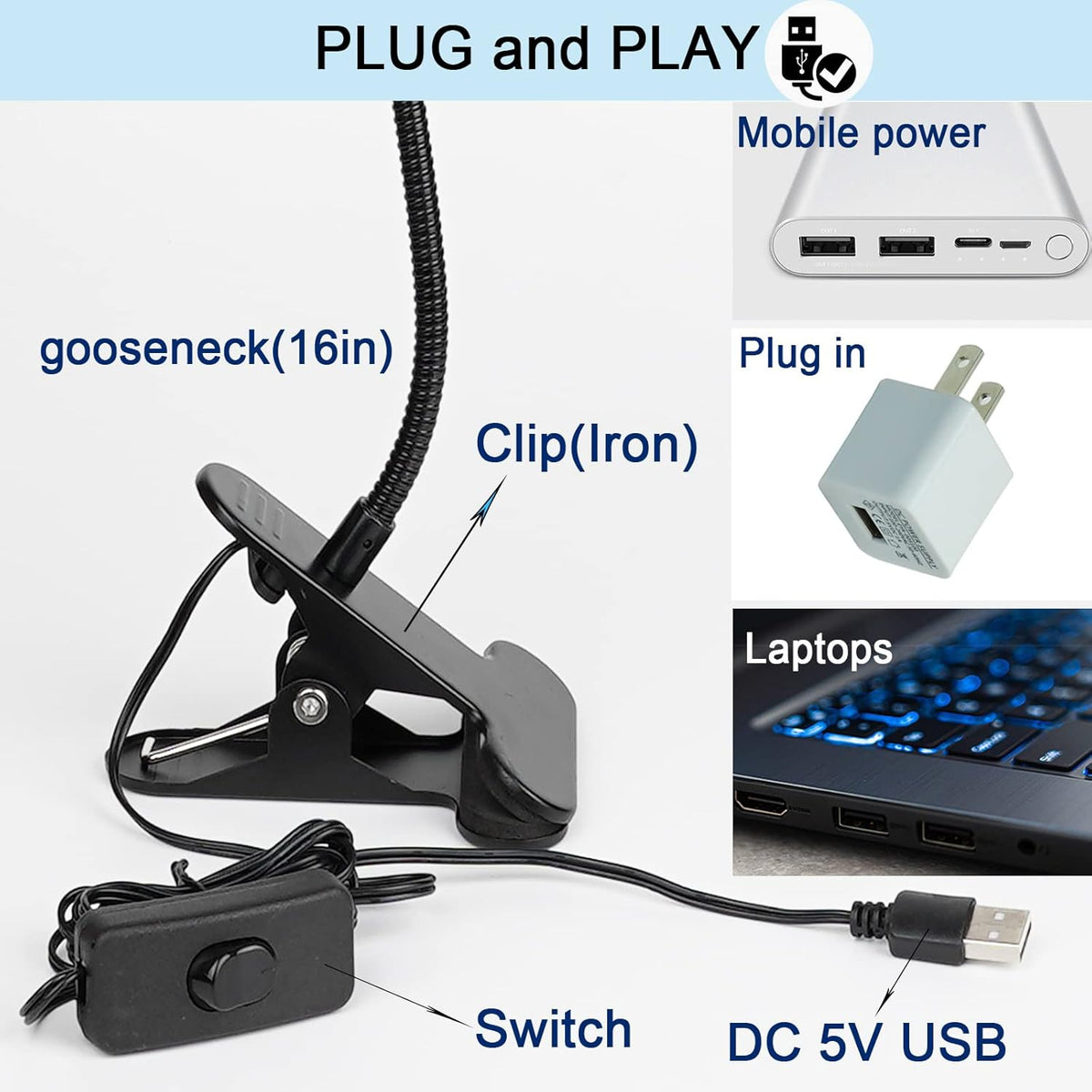 UV LED Black Light Clamp Light with USB, Upgraded 5W 395nm Portable Gooseneck Lamp with Clip for Gel Nail, Pet Urine Detection, UV Glue Curing, Blacklight Posters, Fluorescent Paint, Resin Art - PuriLite