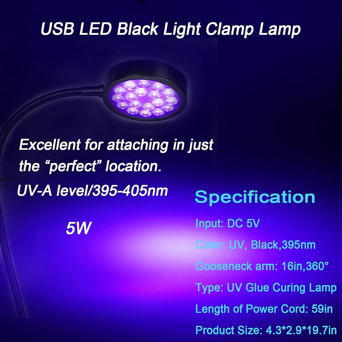 UV LED Black Light Clamp Light with USB, Upgraded 5W 395nm Portable Gooseneck Lamp with Clip for Gel Nail, Pet Urine Detection, UV Glue Curing, Blacklight Posters, Fluorescent Paint, Resin Art - PuriLite