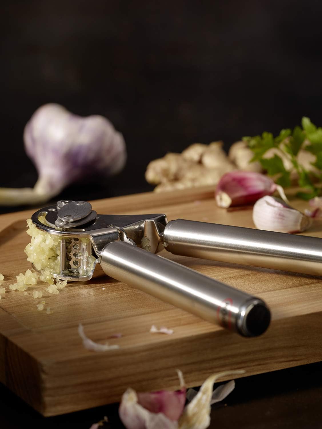 Rösle Stainless Steel 9-inch Mincing Garlic / Ginger Press with Scraper - PuriLite