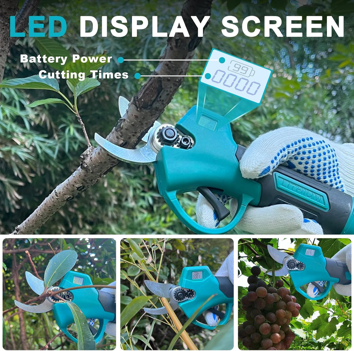 Electric Pruning Shears, Cordless Garden Shears, Branch Pruners with LCD Display, Cutting Diameter 1.2 Inch, Comes with 2 2.0Ah Batteries, Charger and Replacement Blade Set for Gardening Tree Pruning - PuriLite