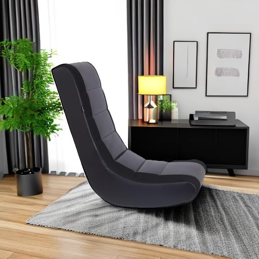 The Crew Furniture Classic Video Rocker Floor Gaming Chair, Kids and Teens, Racing Stripe PU Faux Leather & Polyester Mesh, Black/Black - PuriLite