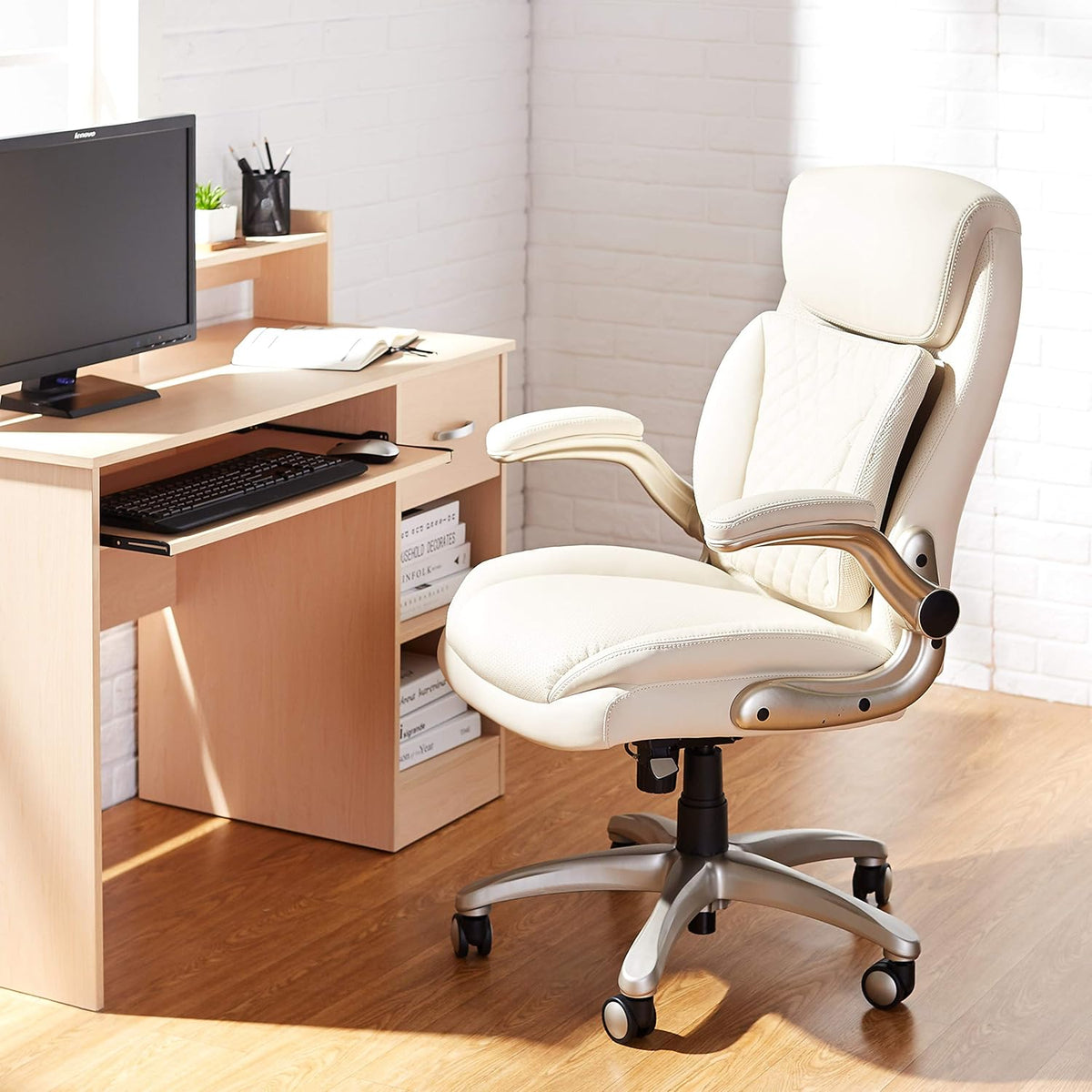 Amazon Basics Ergonomic Desk Office Chair, Flip-up Armrests, Adjustable Height, Cream Leather - PuriLite