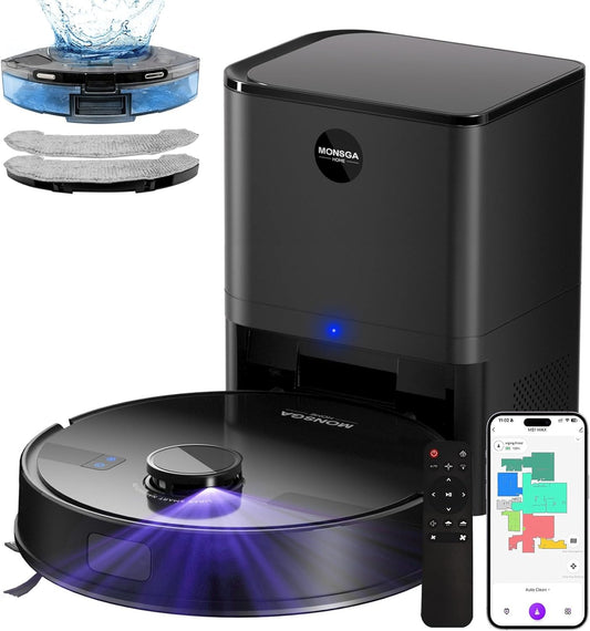 MONSGA Robot Vacuums and Mop 5000Pa, Self-Emptying, 3.5L 60-Day Capacity, Lidar Navigation,Home Mapping, Schedule, Wi-Fi/App/Alexa/Remote, 180mins Runtime, Robot Vacuums for Pet,Hard Floor,Carpet - PuriLite