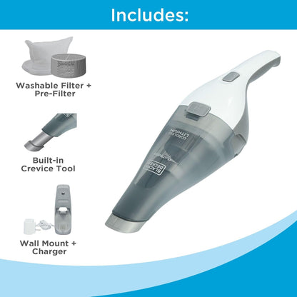 BLACK+DECKER dustbuster QuickClean Cordless Handheld Vacuum, White (HNVC215B10), Dirt Bowl and Fliter - PuriLite