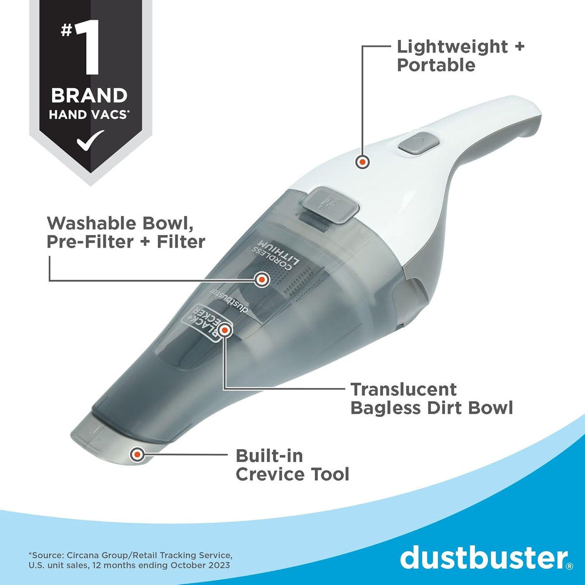 BLACK+DECKER dustbuster QuickClean Cordless Handheld Vacuum, White (HNVC215B10), Dirt Bowl and Fliter - PuriLite
