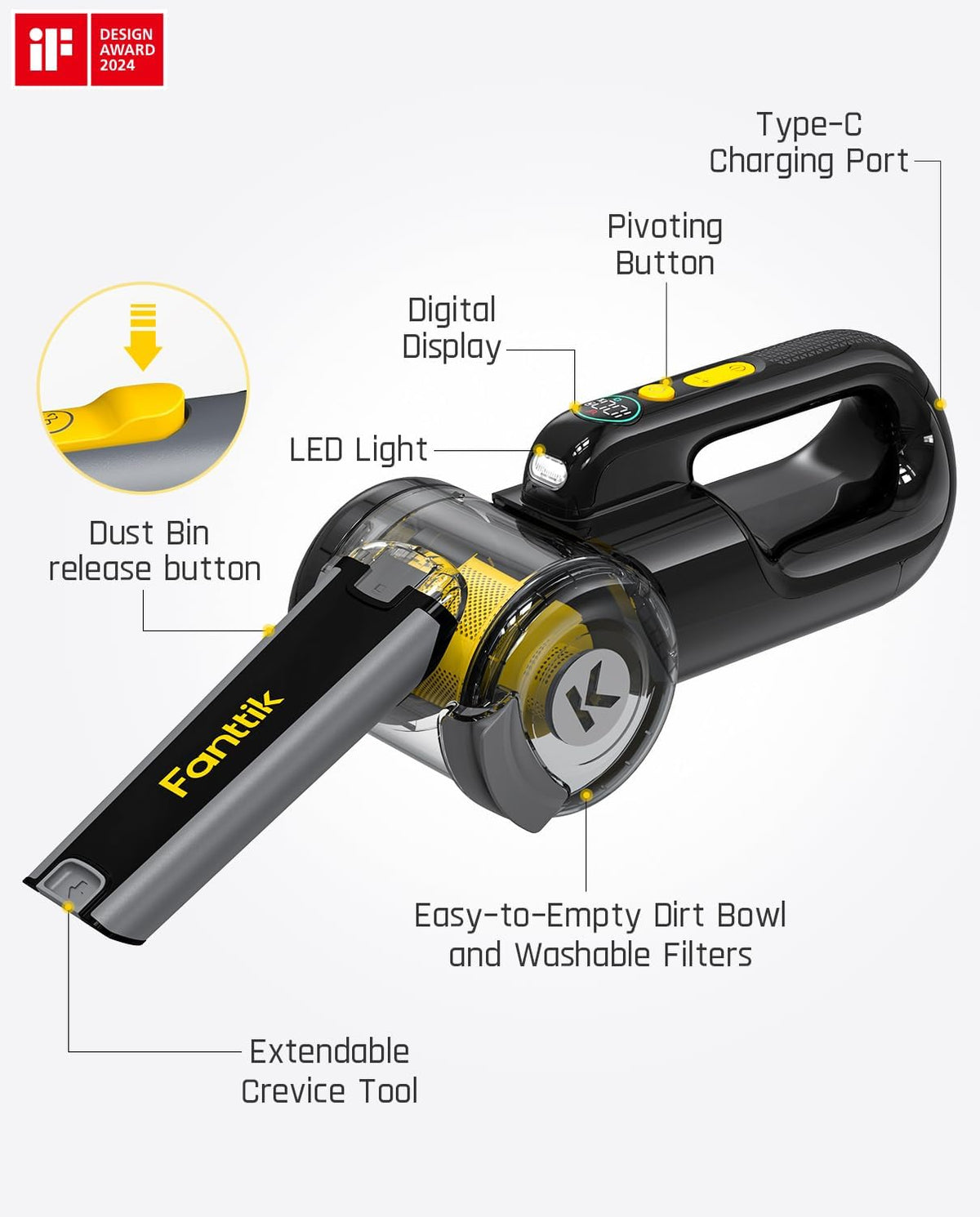 Fanttik Fold V10 Apex Pivot Car Vacuum, 17000Pa Handheld Vacuum Cordless High Power, Portable Vacuum, Smart LED Display, DynamicClean™ Vacuum for Car Home Pet (Deluxe with Flexible Hose&Pet Brush) - PuriLite