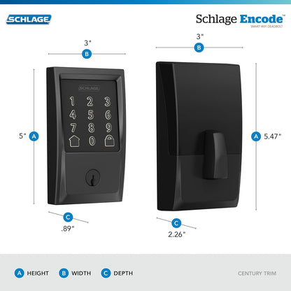 SCHLAGE Encode Smart WiFi Deadbolt with Century Trim in Matte Black (BE489WB CEN 622) - PuriLite