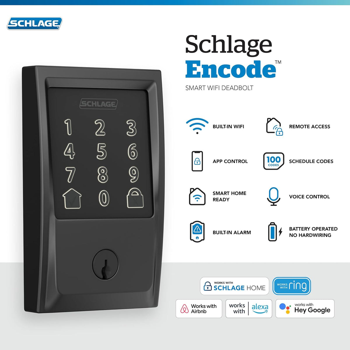 SCHLAGE Encode Smart WiFi Deadbolt with Century Trim in Matte Black (BE489WB CEN 622) - PuriLite