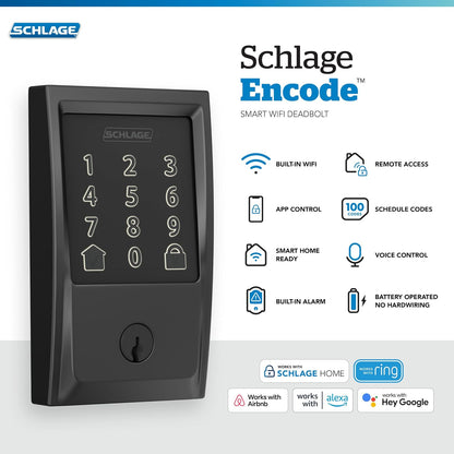 SCHLAGE Encode Smart WiFi Deadbolt with Century Trim in Matte Black (BE489WB CEN 622) - PuriLite