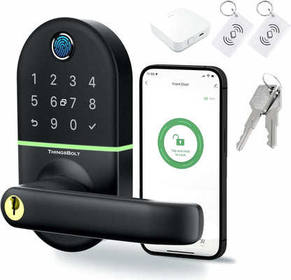 WiFi Smart Door Lock with Handle, THINGSBOLT Fingerprint Keyless Entry, Bluetooth & App Control, Alexa Compatible, Keypad & Key Access, Gateway Included (Black) - PuriLite