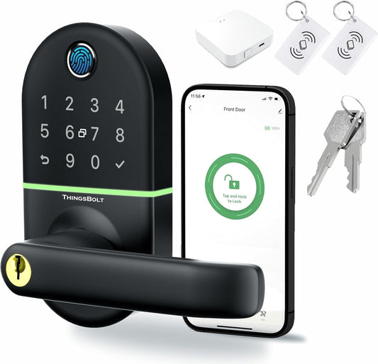 WiFi Smart Door Lock with Handle, THINGSBOLT Fingerprint Keyless Entry, Bluetooth & App Control, Alexa Compatible, Keypad & Key Access, Gateway Included (Black) - PuriLite