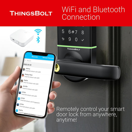 WiFi Smart Door Lock with Handle, THINGSBOLT Fingerprint Keyless Entry, Bluetooth & App Control, Alexa Compatible, Keypad & Key Access, Gateway Included (Black) - PuriLite