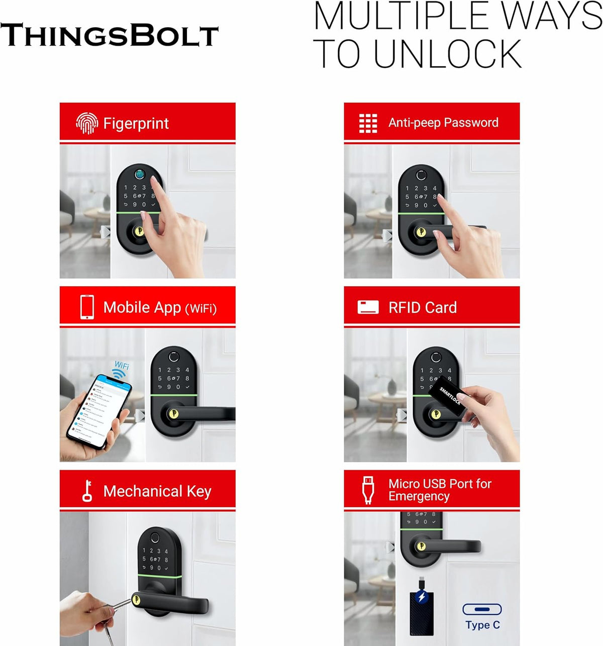 WiFi Smart Door Lock with Handle, THINGSBOLT Fingerprint Keyless Entry, Bluetooth & App Control, Alexa Compatible, Keypad & Key Access, Gateway Included (Black) - PuriLite