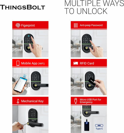WiFi Smart Door Lock with Handle, THINGSBOLT Fingerprint Keyless Entry, Bluetooth & App Control, Alexa Compatible, Keypad & Key Access, Gateway Included (Black) - PuriLite