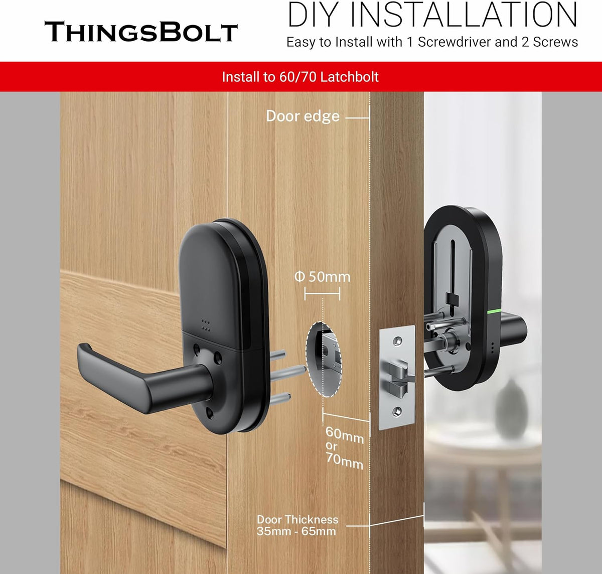 WiFi Smart Door Lock with Handle, THINGSBOLT Fingerprint Keyless Entry, Bluetooth & App Control, Alexa Compatible, Keypad & Key Access, Gateway Included (Black) - PuriLite