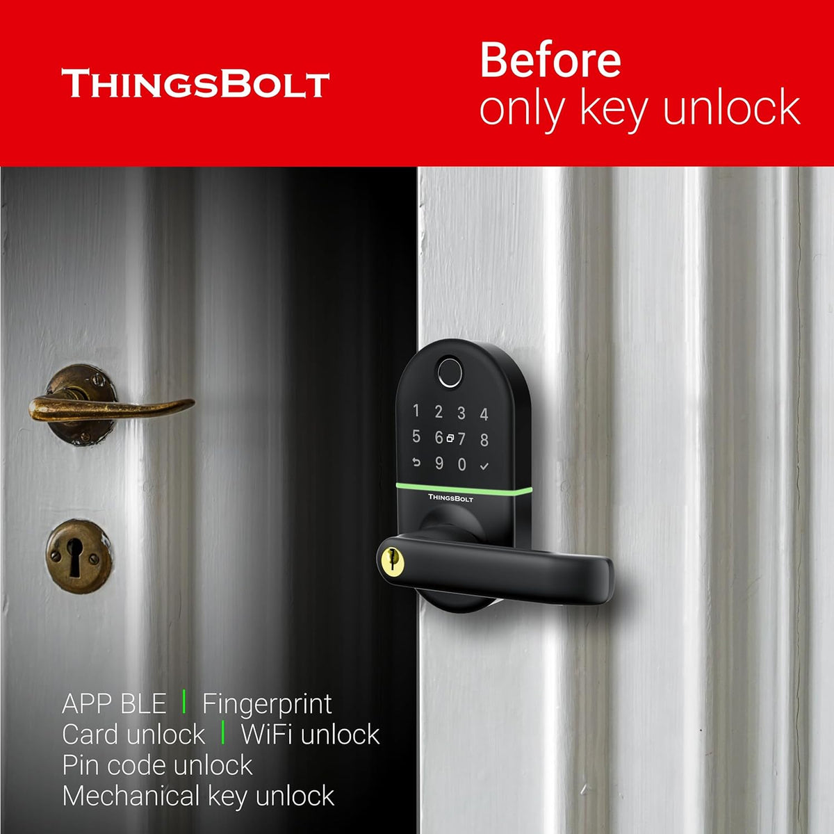 WiFi Smart Door Lock with Handle, THINGSBOLT Fingerprint Keyless Entry, Bluetooth & App Control, Alexa Compatible, Keypad & Key Access, Gateway Included (Black) - PuriLite