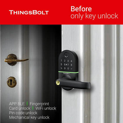 WiFi Smart Door Lock with Handle, THINGSBOLT Fingerprint Keyless Entry, Bluetooth & App Control, Alexa Compatible, Keypad & Key Access, Gateway Included (Black) - PuriLite
