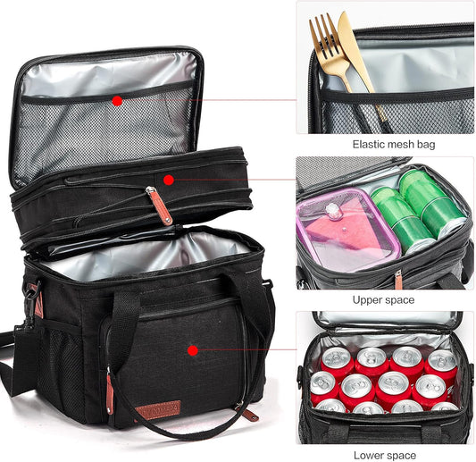 Lunch Bags for Men Women, Black Adult Lunch Box for Work, Expandable Leakproof Double Deck Lunch Box Cooler Tote Bag with Removable Shoulder Strap（Black） - PuriLite