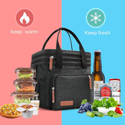 Lunch Bags for Men Women, Black Adult Lunch Box for Work, Expandable Leakproof Double Deck Lunch Box Cooler Tote Bag with Removable Shoulder Strap（Black） - PuriLite