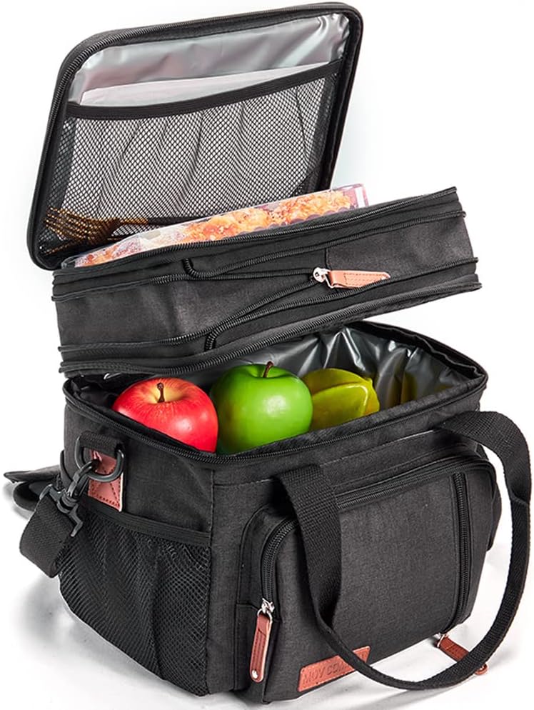 Lunch Bags for Men Women, Black Adult Lunch Box for Work, Expandable Leakproof Double Deck Lunch Box Cooler Tote Bag with Removable Shoulder Strap（Black） - PuriLite