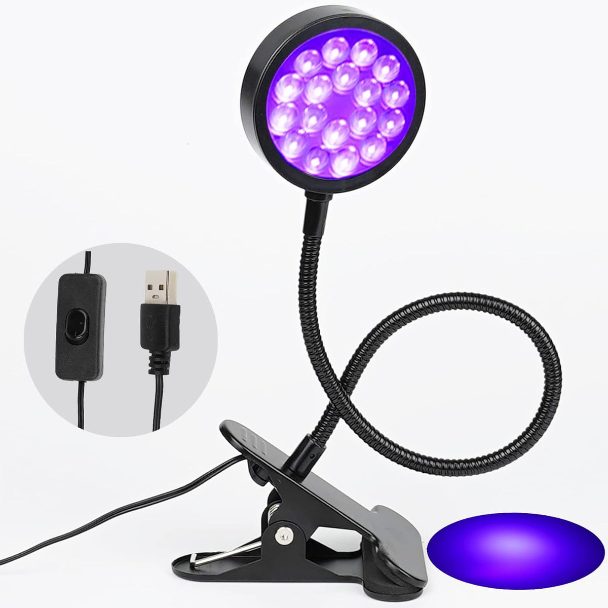 UV LED Black Light Clamp Light with USB, Upgraded 5W 395nm Portable Gooseneck Lamp with Clip for Gel Nail, Pet Urine Detection, UV Glue Curing, Blacklight Posters, Fluorescent Paint, Resin Art - PuriLite