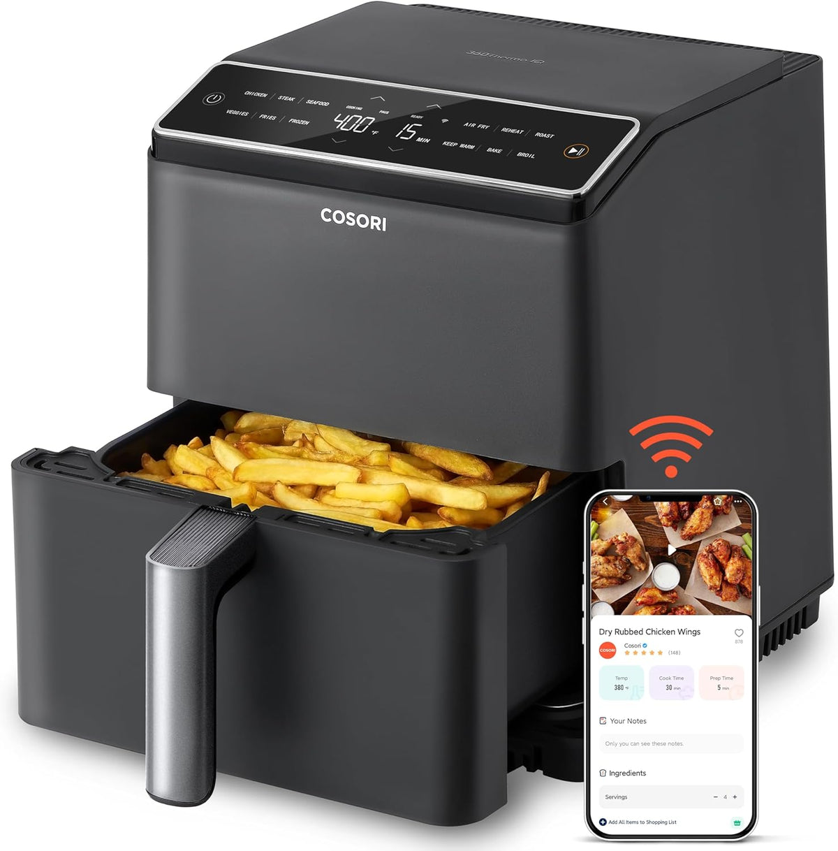 COSORI 6.8Qt Air Fryer, 12-in-1 Dual Blaze for 360° Crispy Meals, No Shaking & Preheating to Fast Cooking with Bake, Roast, Broil, 100+In-App Recipes, Dishwasher Safe - PuriLite