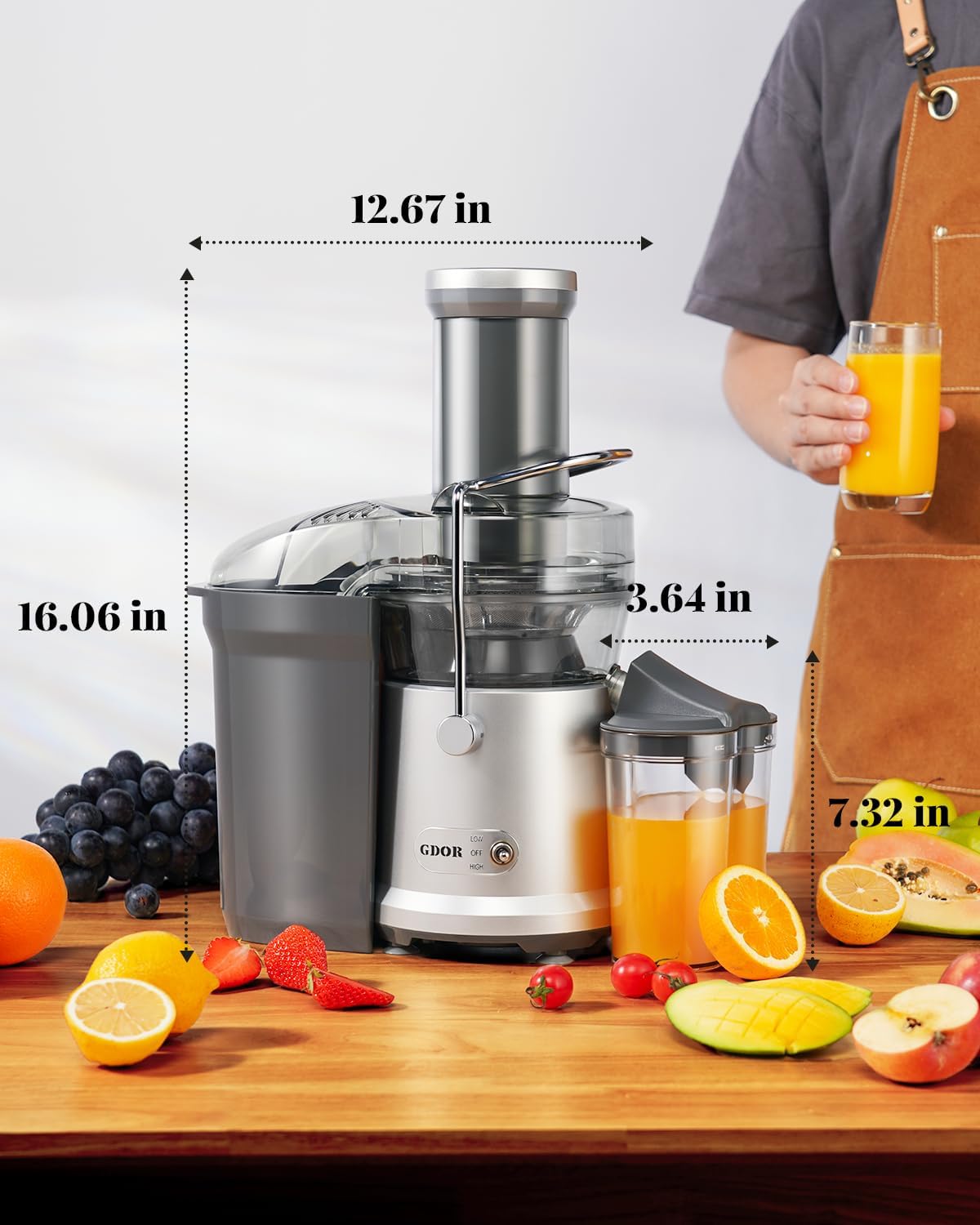 GDOR Juicer 1200W Juicer Machine with Larger 3.2" Feed Chute, Titanium Enhanced Cutting System, Centrifugal Juice Extractor Maker with Heavy Duty Full Copper Motor, Dual Speeds, BPA-Free, Silver - PuriLite