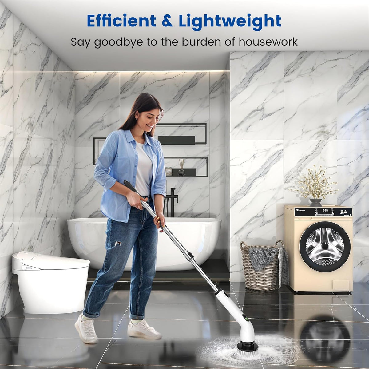 Cordless Electric Spin Scrubber – IPX7 Waterproof Electric Scrubber with 8 Replaceable Brush Heads & Adjustable Extension Handle - PuriLite