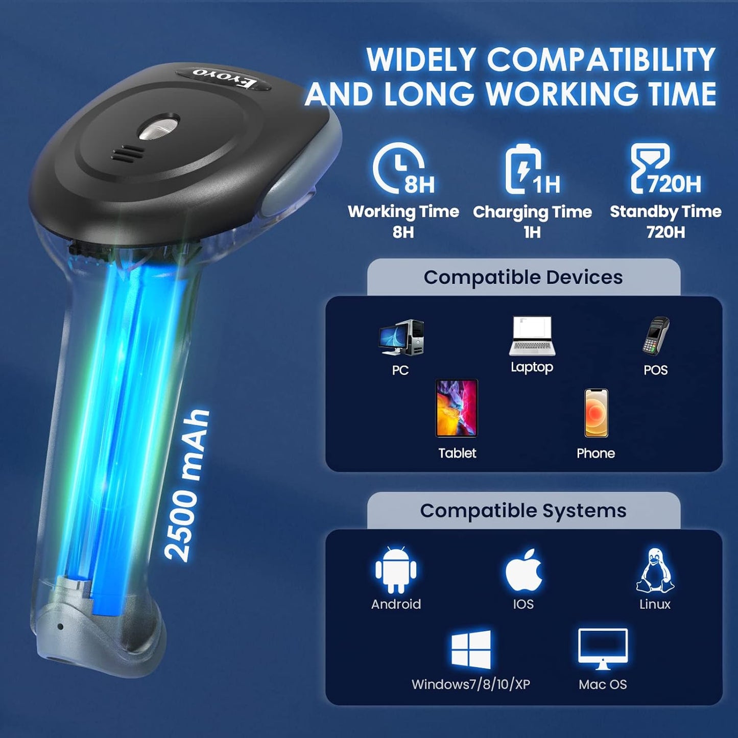 Eyoyo Bluetooth Wireless Barcode Scanner, 1D 2D QR Code Scanner, 3 in 1 USB Wired Handheld Bar Code Reader Screen Scanning with Windows Android iOS Tablets Computer for Warehouse Express Store - PuriLite