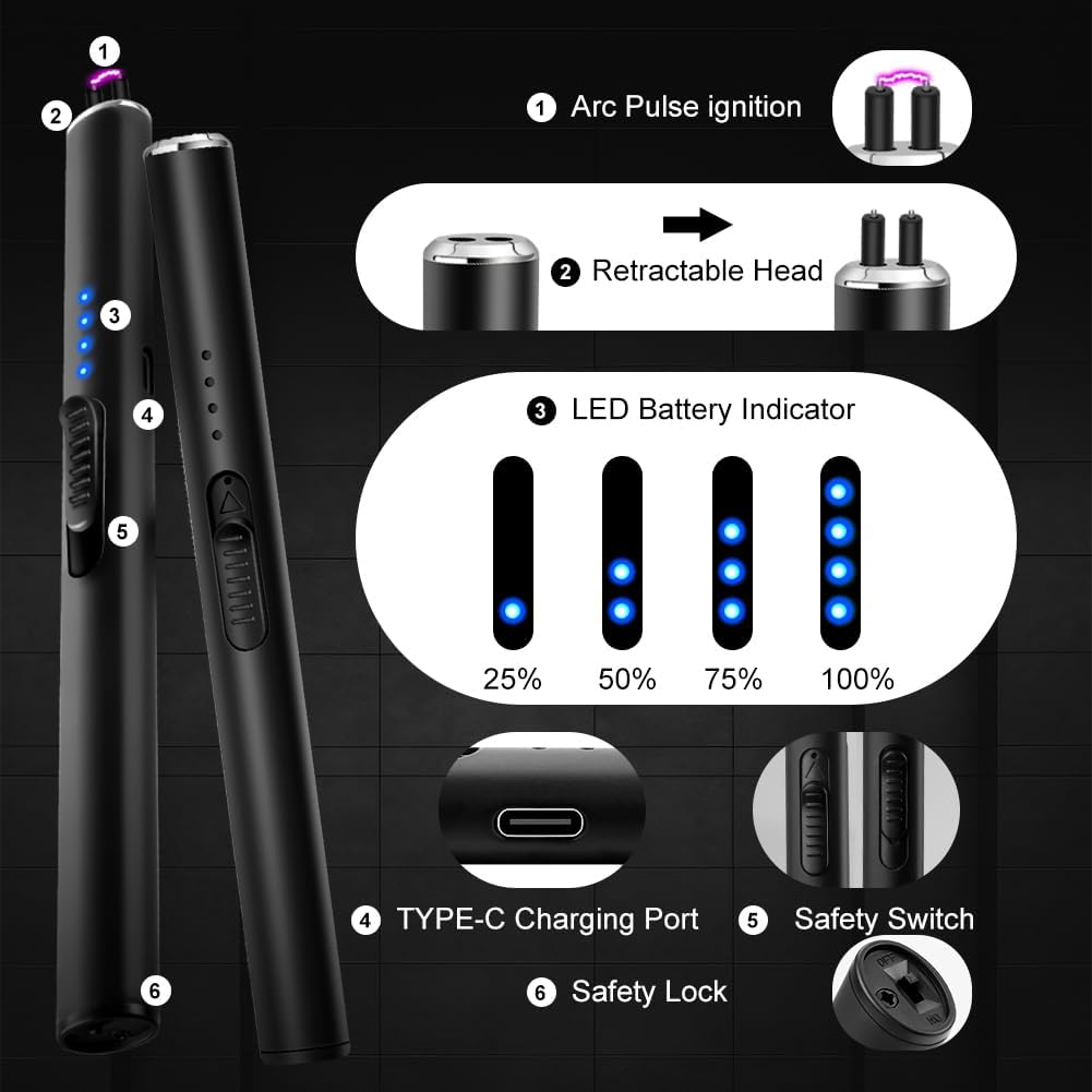 Electric Candle Lighter BBQ Lighter USB C Rechargeable Long Lighter Flameless Plasma Arc Lighter Briquet Electrique Rechargeable Windproof Electronic Lighter for Candles Fireworks (Black) - PuriLite