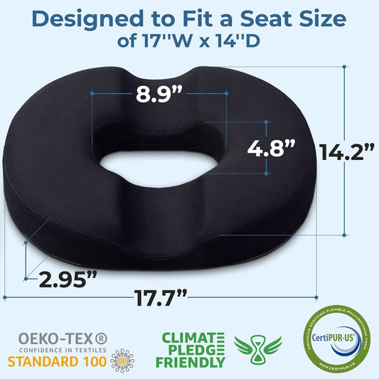 5 STARS UNITED Donut Pillow Hemorrhoid Tailbone Seat Cushion – Gel Memory Foam - Large Black Lifting Cushion Pain Relief for Coccyx, Prostate, Sciatica, Pelvic Floor, Pressure Sores, Pregnancy - PuriLite