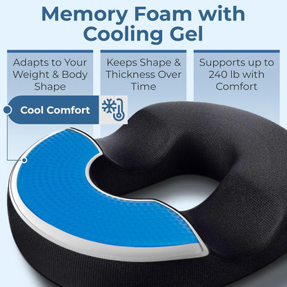 5 STARS UNITED Donut Pillow Hemorrhoid Tailbone Seat Cushion – Gel Memory Foam - Large Black Lifting Cushion Pain Relief for Coccyx, Prostate, Sciatica, Pelvic Floor, Pressure Sores, Pregnancy - PuriLite