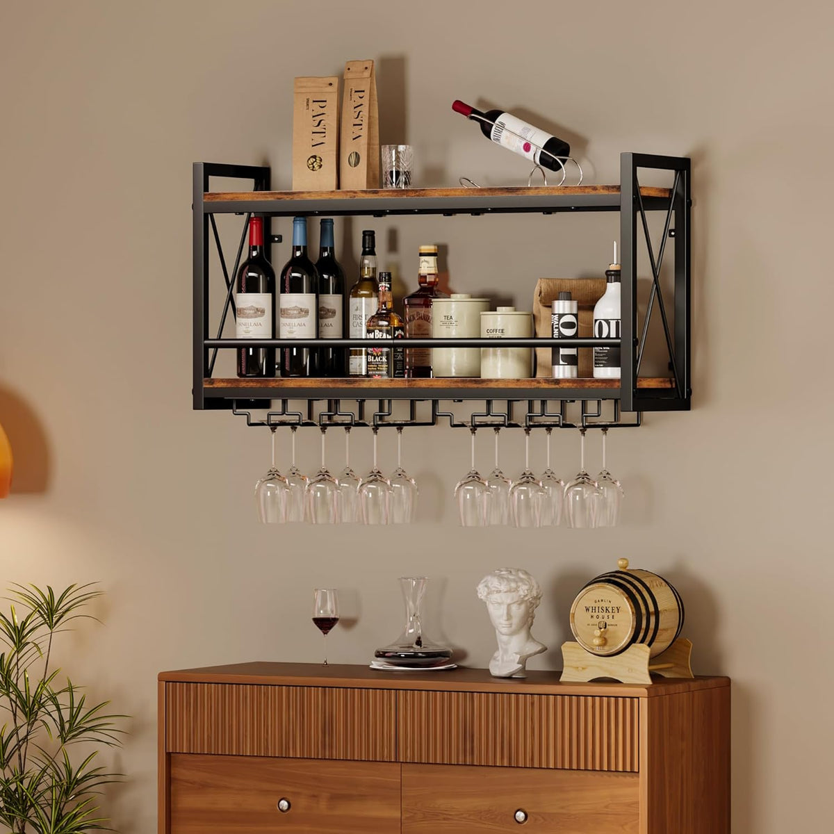 Homeiju Wall Mounted Wine Rack, Bottle & Glass Holder Wood-Metal Retro Wine Rack, Wine Bottles Display Wall Storage for Kitchen Dining Room Home Bar - PuriLite