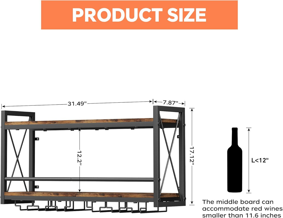 Homeiju Wall Mounted Wine Rack, Bottle & Glass Holder Wood-Metal Retro Wine Rack, Wine Bottles Display Wall Storage for Kitchen Dining Room Home Bar - PuriLite