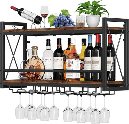 Homeiju Wall Mounted Wine Rack, Bottle & Glass Holder Wood-Metal Retro Wine Rack, Wine Bottles Display Wall Storage for Kitchen Dining Room Home Bar - PuriLite