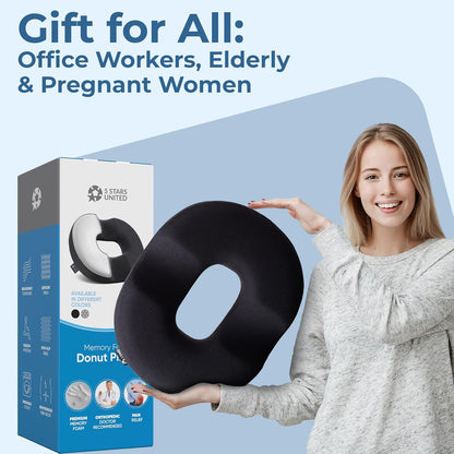 5 STARS UNITED Donut Pillow Hemorrhoid Tailbone Seat Cushion – Gel Memory Foam - Large Black Lifting Cushion Pain Relief for Coccyx, Prostate, Sciatica, Pelvic Floor, Pressure Sores, Pregnancy - PuriLite