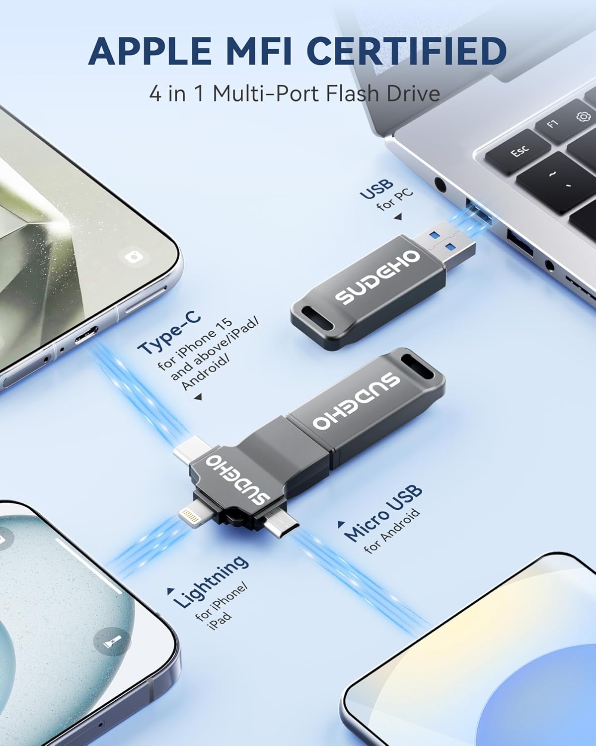 Photo Backup USB Flash Drive for Smartphones and Tablets, High-Speed Portable Memory Stick for Photos and Videos, Lightning-Compatible Multi-Device Storage, 256GB Black - PuriLite