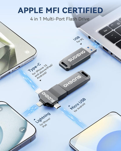 Photo Backup USB Flash Drive for Smartphones and Tablets, High-Speed Portable Memory Stick for Photos and Videos, Lightning-Compatible Multi-Device Storage, 256GB Black - PuriLite