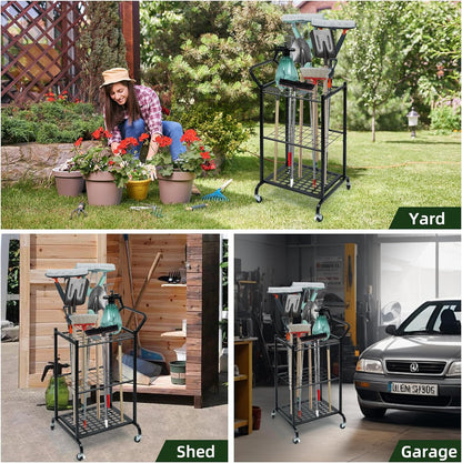 Garden Tool Organizer with Wheels, Garage Tool Storage and Organization with 6 Hooks, Steel Tool Rack Holds Up to 35 Long Handled Yard Tools for Garage, Shed, Basement - PuriLite