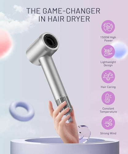 Hair Dryer - 150000 RPM High-Speed Brushless Motor Negative Ionic Blow Dryer for Fast Drying, Low Noise Thermo-Control Hair Dryer with Diffuser and Nozzle, Silvery - PuriLite