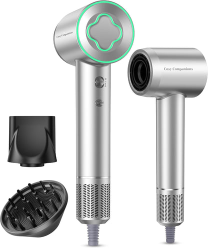 Hair Dryer - 150000 RPM High-Speed Brushless Motor Negative Ionic Blow Dryer for Fast Drying, Low Noise Thermo-Control Hair Dryer with Diffuser and Nozzle, Silvery - PuriLite