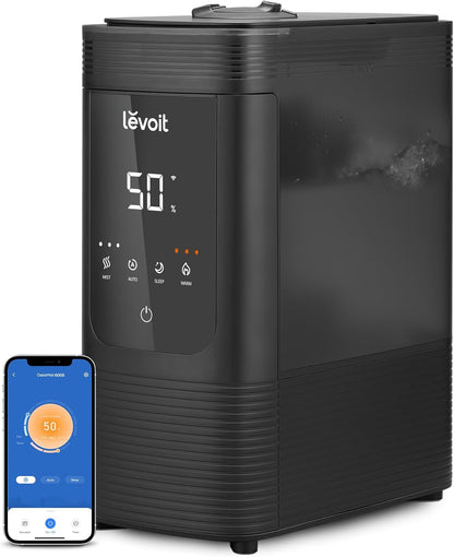 LEVOIT Humidifiers For Bedroom Large Room, 6L Smart Cool and Warm Mist Humidifier for Home, Auto Customized Humidity For Baby and Plant, Easy Top Fill, Essential Oil Diffuser, Whisper-Quiet - PuriLite