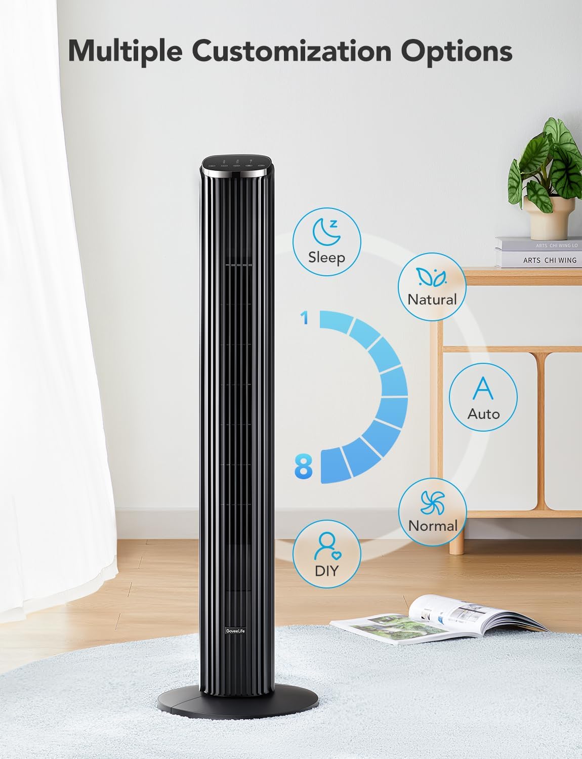 GoveeLife 36'' Smart Tower Fan for Bedroom, 75° Oscillating Floor Fans with Voice Remote, Temperature Auto 5 Modes 8 Speeds up to 25ft/s, 24H Timer, 29dB Quiet Cooling Standing Fan for Home Office - PuriLite